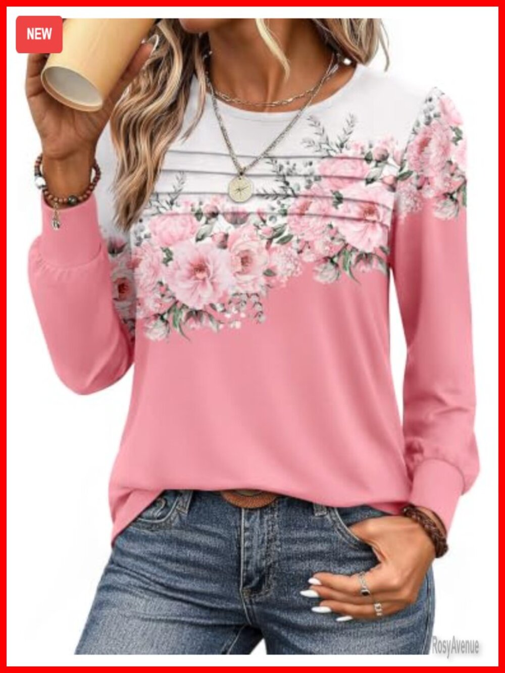 Women's Floral Long Sleeve Tunic Top with Pleated Front and Puff Sleeves